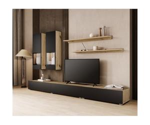 Meublorama Ensemble Meubles de Salon Ramos - Chêne et Noir Super Mat - LED Multicolores intégrées