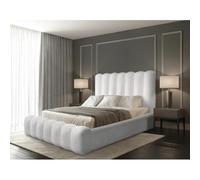 Meublorama Lit Coffre BADJA Euphoria - Tissu bouclé Perle de Lin - 140x200 cm - Sommier relevable - Design Haut de Gamme