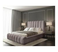 Meublorama Lit Coffre BADJA - Tissu bouclé Taupe cendré - 160x200 cm - Sommier relevable - Design Haut de Gamme