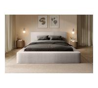 Meublorama Lit Coffre Denali - Beige poudré bouclé - 140x200 cm - Tissu Velours Doux - Sommier relevable - Rangement intégré