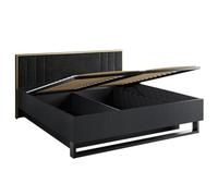 Meublorama Lit Coffre Mondo - 160x200 cm - Noir structuré et doré - Pieds métal - Sommier Inclus