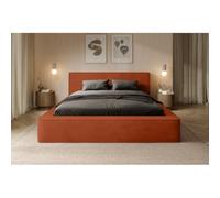 Meublorama Lit Coffre VELORA - Terracotta - 140x200 cm - Tissu Velours Doux - Sommier relevable - Rangement intégré