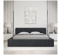 Meublorama Lit Coffre Vernon - Tissu Chenille bouclé Charbon Bleu - 160x200 cm - Sommier relevable - Design Haut de Gamme