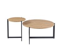 Meublorama Lot de deux tables basses rondes de style industriel, collection Bianca - Couleur chêne clair et noir.