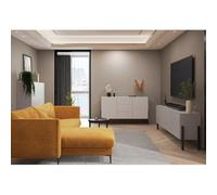 Meublorama Pack Salon Complet Collection Salma - Buffet XL 4 Portes, Armoire & Buffet Beige & Noir Mat