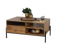 Meublorama Table Basse Style Rustique Collection HELIAS - Coloris chêne foncé, Pieds en métal Noir, Dimensions 60x49x110 cm