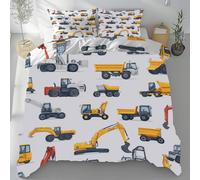 Meugesoi Engins de Chantier Housse de Couette Microfibre 140x200 cm, Pelleteuse Tracteur Camion Parure de Lit Réversible Housse Couette avec Fermeture Éclair et 2 Taie d'oreiller 65x65 cm