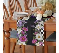 Meugesoi Fleurs Colorées Chemin de Table Marguerite Nappe Décoration de Table Lin Lavable 30x180 cm Damier Noir et Blanc Table Runner pour Salle à Manger, Table à Manger, Table Basse