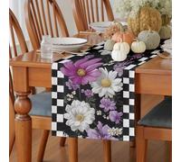 Meugesoi Fleurs Moderne Chemin de Table 40 x 180 cm Marguerite Nappe Décorative Lavable Damier Noir et Blanc Table Runner pour Table à Manger Café Anniversaire Vacances Fêtes Mariage