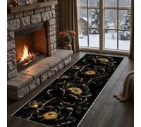 Meugesoi Pivoine Noire et Or Tapis Couloir Long 80x250cm Floral Luxueux Tapis de Couloir Poil Ras Lavable en Machine Floral Mystérieux Carpet pour Cuisine, Salon, Passage, Entree, Chambre