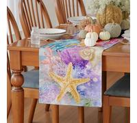 Meugesoi Vie Marine Aquarelle Chemin de Table Étoile de Mer Corail Table Runner Lin Lavable Coquillage Nappe Cuisine Table à Manger Décoration Intérieur Vacances Décor de Fête 30 x 140 cm