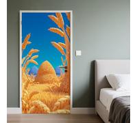 Meule de Foin Autocollant Porte 3D 95x215cm Récolte d'automne Stickers de Porte Épis de Blé Dorés Sticker Mural Auto-adhésif Papier Peint Intérieure PVC Amovibles Imperméable
