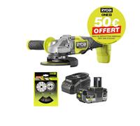 Meuleuse d'angle RYOBI 18V One+ Brushless RAG18BL - 125mm - Batterie 4 0Ah et chargeur - Lot de 6 disques