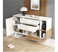 MEULVA Buffet bas 130 x 40 x 70 cm blanc brillant et décor bois clair, 2 tiroirs, 2 portes, style scandinave