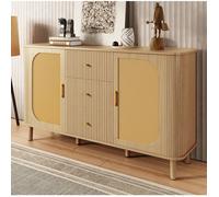 MEULVA Buffet bas 140 cm en MDF bois naturel, 2 portes effet rotin, 3 tiroirs, passe-câbles