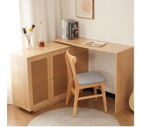 MEULVA Bureau d’angle pivotant 360° 126 cm avec 2 portes effet cannage, 3 tiroirs, décor bois naturel MDF