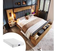 MEULVA Lit double 160 x 200 cm avec matelas, chevets intégrés, lampes de lecture, USB Type-C, banc coffre