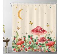 MEUNEAR Rideau de douche champignon fraise, grenouille, papillon, plantes botaniques, fleurs, lune, animal amusant, cottagecore, esthétique, décoration de salle de bain, tissu durable, 12 crochets,