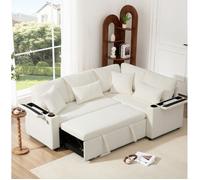 MEUVYX Canapé d'angle convertible 4 Places avec Coffre, USB et Porte-gobelet, Méridienne Droite, en Chenille Beige