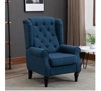 MEUVYX Fauteuil Bergère 1 Place à Dossier Haut Capitonné avec Accoudoirs Arrondis Pieds en Bois Polyester Bleu