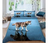 MEVASA Housse de Couette 140x200 Enfant Parure de Lit Chien Husky Animaux Chiens Bleu Housse de Couette Ado Garçon Fille 1 Personne Microfibre avec 2 Taies d'Oreillers 50x75 cm