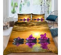 MEVASA Housse de Couette 140x200 Enfant Parure de Lit Pierre Zen Orchidée Coucher De Soleil Housse de Couette Ado Garçon Fille 1 Personne Microfibre avec 2 Taies d'Oreillers 50x75 cm