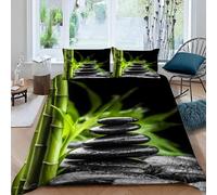 MEVASA Housse de Couette 220x240 3D Impression Microfibre Housse de Couette Bambou Pierres Zen Feuilles De Bambou Parure de lit 2 Personnes avec Fermeture Éclair avec 2 Taies d'oreiller