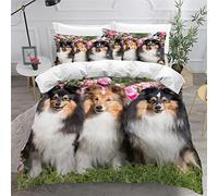 MEVASA Housse de Couette 220x240 3D Impression Microfibre Housse de Couette Chien De Berger Shetland Chien Animal Parure de lit 2 Personnes avec Fermeture Éclair avec 2 Taies d'oreiller