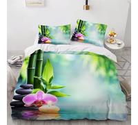 MEVASA Housse de Couette 220x240 3D Impression Microfibre Housse de Couette Pierre Zen Bambou Vert Parure de lit 2 Personnes avec Fermeture Éclair avec 2 Taies d'oreiller