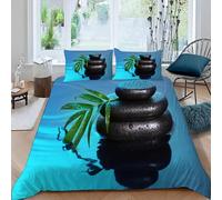 MEVASA Housse de Couette 220x240 3D Impression Microfibre Housse de Couette Pierre Zen Bleue Feuilles De Bambou Parure de lit 2 Personnes avec Fermeture Éclair avec 2 Taies d'oreiller