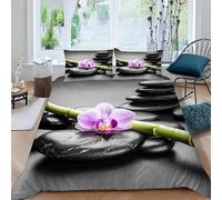 MEVASA Housse de Couette 220x240 3D Impression Microfibre Housse de Couette Pierre Zen Orchidée Gris Parure de lit 2 Personnes avec Fermeture Éclair avec 2 Taies d'oreiller