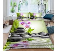 MEVASA Housse de Couette 240x260 Bambou Orchidée Parure de Lit 2 Personnes 3D Motif Luxueuse Microfibre Adulte Housse de Couette Pierres Zen Feuilles De Bambou avec 2 Taies d'oreiller 50x75