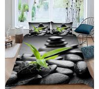 MEVASA Housse de Couette 240x260 Pierre Zen Grise Parure de Lit 2 Personnes 3D Motif Luxueuse Microfibre Adulte Housse de Couette Feuilles De Bambou avec 2 Taies d'oreiller 50x75