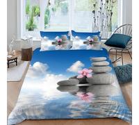 MEVASA Housse de Couette 240x260 Pierre Zen Orchidée Parure de Lit 2 Personnes 3D Motif Luxueuse Microfibre Adulte Housse de Couette Ciel Bleu avec 2 Taies d'oreiller 50x75