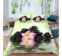 MEVASA Housse de Couette 240x260 Pierre Zen Orchidée Parure de Lit 2 Personnes 3D Motif Luxueuse Microfibre Adulte Housse de Couette Vert avec 2 Taies d'oreiller 50x75