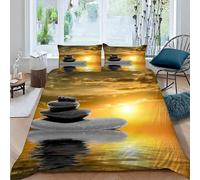 MEVASA Housse de Couette 240x260 Pierre Zen Parure de Lit 2 Personnes 3D Motif Luxueuse Microfibre Adulte Housse de Couette Coucher De Soleil avec 2 Taies d'oreiller 50x75