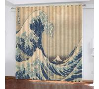 MEVASA Rideau Occultant Style Japonais Rideaux Chambre Enfant Moderne 3D Rideaux Vagues Japonaises Isolant Thermique Anti Froid Polyester Rideaux Petite Fenetre 140x160 cm LxH