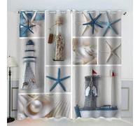 MEVASA Rideau Occultant Thème Marin Rideaux Chambre Enfant Moderne 3D Rideaux Phare Étoile De Mer Isolant Thermique Anti Froid Polyester Petite Fenêtre 140x160 cm LxH