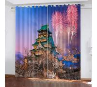 MEVASA Rideaux Style Japonais Architecture Japonaise Rideau Occultant Lot de 2 Opaque Rideaux Oeillet Salon Baie Vitrée 3D Motif Polyester Rideau Hauteur 200 x Largeur 200 cm LxH