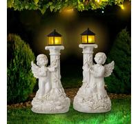 MEVRONISSHOP-1 Paire de Figurine d'Ange de Jardin avec des lumières solaires, Une Statue d'Ange chérubin en résine Solaire avec Pilier Roma pour la décoration de Jardin, Porche, Patio, Cour (Style 1)