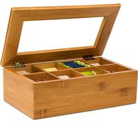 MEVRONISSHOP-10019145 Boîte à thé Rangement en bambou 80 sachets de thé 8 compartiments Coffre sachets de thé HxlxP 9 x 28 x 16 cm FenêtreMarron couleur naturelle, Marron