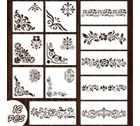 Mevronisshop-12 Pièces Pochoirs D'angle De Fleur, Pochoirs De Bordure De Conception De Totem Tribal De Fleur Pour Peinture Sur Mur Meubles En Bois Panneau De Porcelaine Plancher Cadre Photo Scrapbook