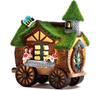 MEVRONISSHOP-21cm Decoration Jardin Exterieur, Maison de Fée avec LED à Énergie Solaire,Tree House en Résine avec Effet de Mousse Verte Floqué,Chariot et Fée,Cadeau Femme