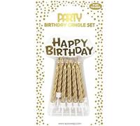 Mevronisshop-26577-Gc - Un Lot De 12 Bougies D'anniversaire + 12 Porte-Bougies + Un Support ""Happy Birthday""- Couleur : Or - Bougies D'anniversaire, Anniversaire, Happy Birthday