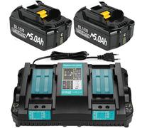MEVRONISSHOP-2X 18V 5,0Ah Batteries + Chargeur Double Port 6 A DC18RD Compatible avec 14.4V-18V BL1830 BL1850 BL1860 BL1840etc. et Les chargeurs DC18RD DC18RC DC18SF DC18RA et DC18RF