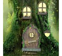 MEVRONISSHOP-4 pièces Portes et Fenêtre de Fée Miniatures Lumineux Miniature décorations de fée Statues Arbre de Porte et de Fée GNOME Miniature avec lampadaire de Noix de cèdre, Brille dans Le Noir