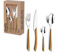 Mevronisshop-Amefa - Ménagère 24 Couverts De Table Pour 6 Personnes - Eclat Nature - Acier Inoxydable 18/0, Finition Brillante - Bois Clair