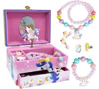 Mevronisshop-Boîte À Bijoux Musicale Licorne Ensemble De 5 Bijoux Petite Fille Boîte À Bijoux Pour Fille Et Femme Cadeau D'anniversaire Licorne À Deux Couches Rose