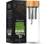 Mevronisshop-Bouteille Isotherme 500ml Avec Filtre Inox Et Verre Double Paroi, Thermos Café, Infuseur Thé Chaud, Infusion Thé Froid Ou Fruits, Gourde Verre Sans Bpa Avec Couvercle Bambou Et Housse De