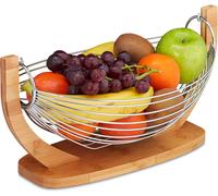 Mevronisshop-Corbeille À Fruits Hamac Bambou, Barres Inox, Balançoire, Design Grille Déco,18,5 X 38 X 23 Cm, Nature/Argent
